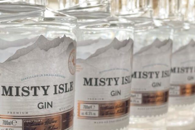 Bottles of misty isle gin stood in a line
