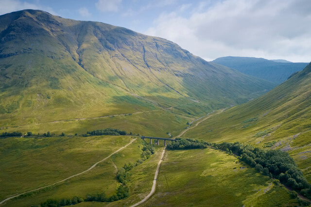 The West Highland Way trail leading through the mountains in Scotland